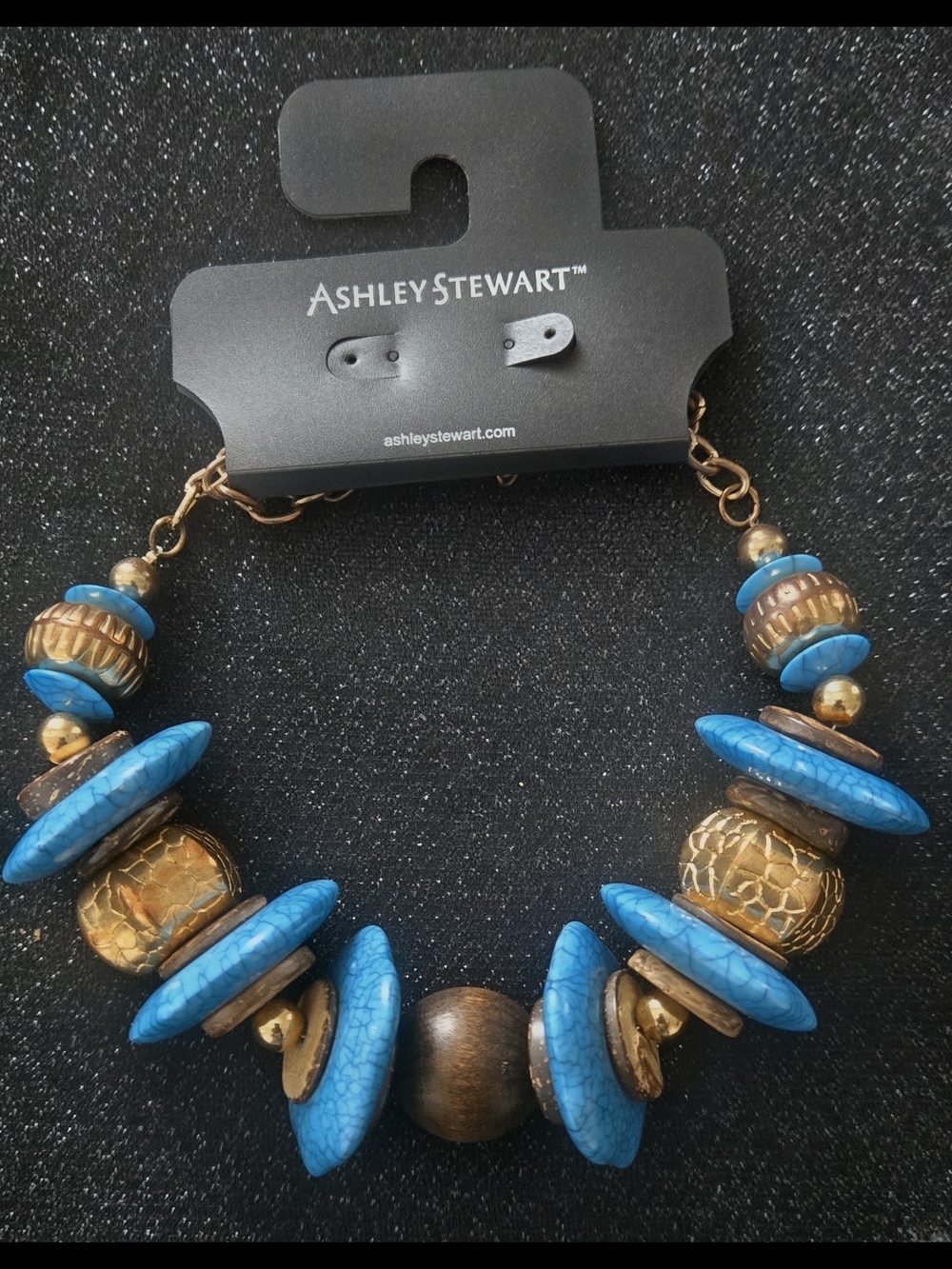 Ashley Stewart Blue and Gold Chunky Bead Necklace